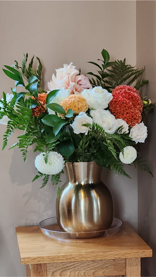 Garden Roses, Celosia (Cockscomb), Dahlia, Italian Ruscus, Leatherleaf Fern, & White Button Mums